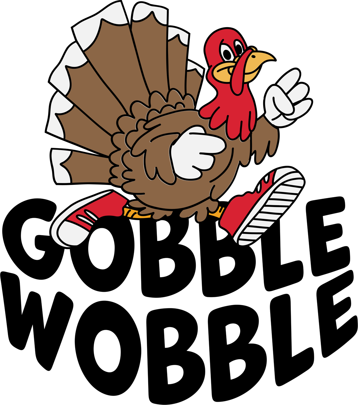 Gobble Wobble — cartoon turkey in red sneakers running over the race name